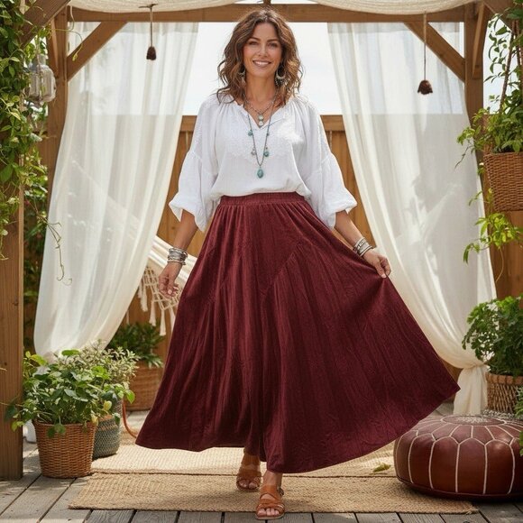 Coldwater Creek Dresses & Skirts - Coldwater Creek Flocked Asymmetric Wine Red Maxi Boho Skirt Womens XL Petite